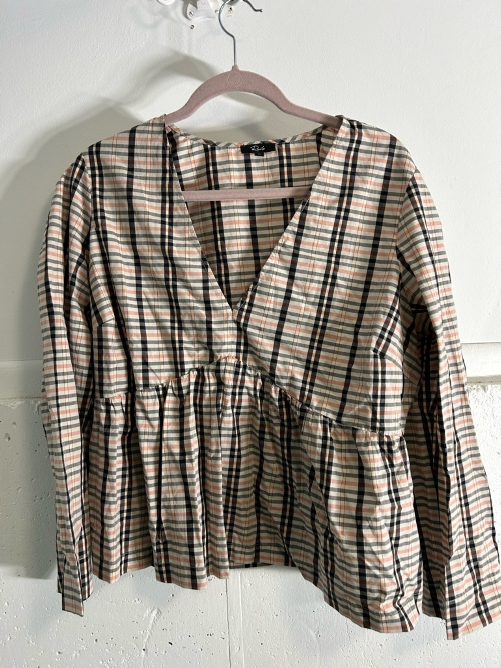 Rails Plaid Peplum Blouse in Beige, Black and Peach